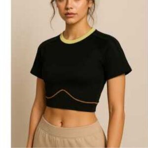 Chic Black Crop Top with Yellow Trim